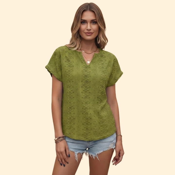 Women’s V-neck T-shirt with Floral Eyelet Detail