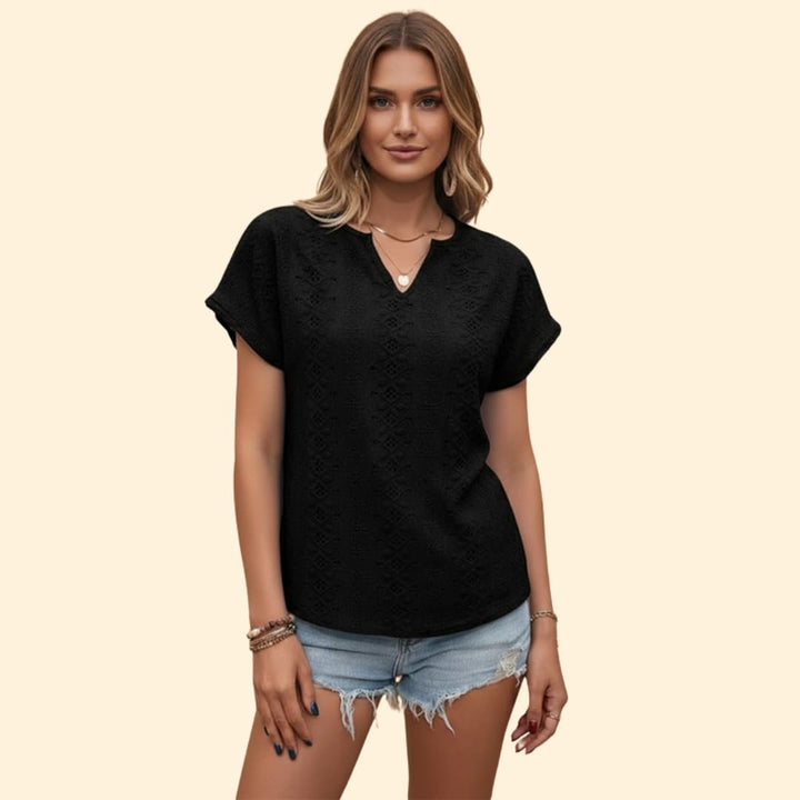 Women’s V-neck T-shirt with Floral Eyelet Detail