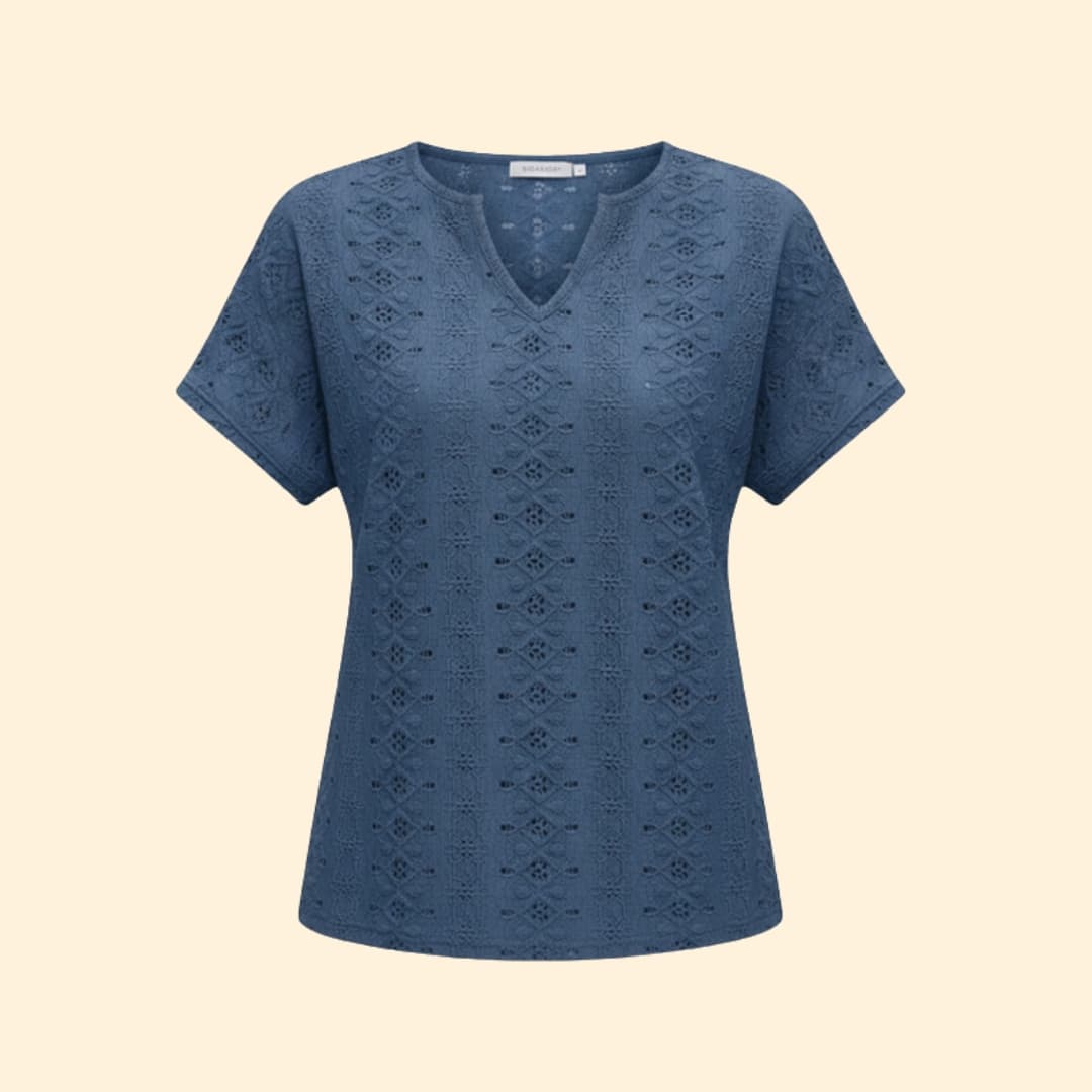 Women’s V-neck T-shirt with Floral Eyelet Detail