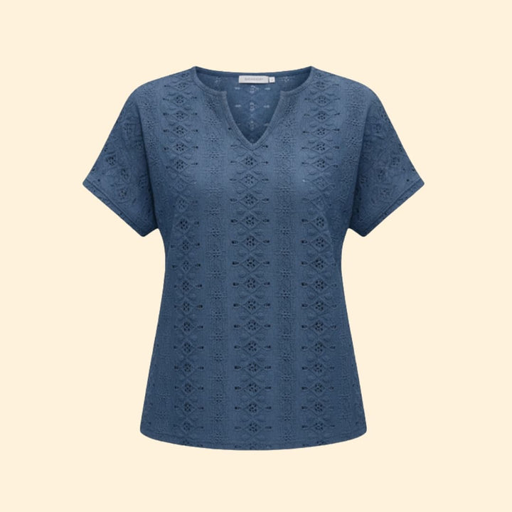 Women’s V-neck T-shirt with Floral Eyelet Detail