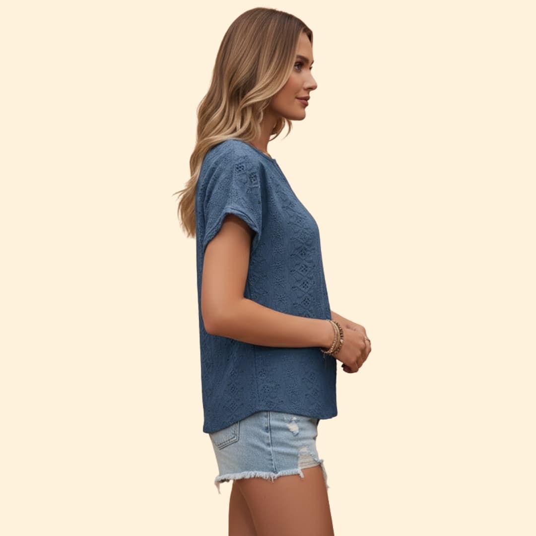 Women’s V-neck T-shirt with Floral Eyelet Detail