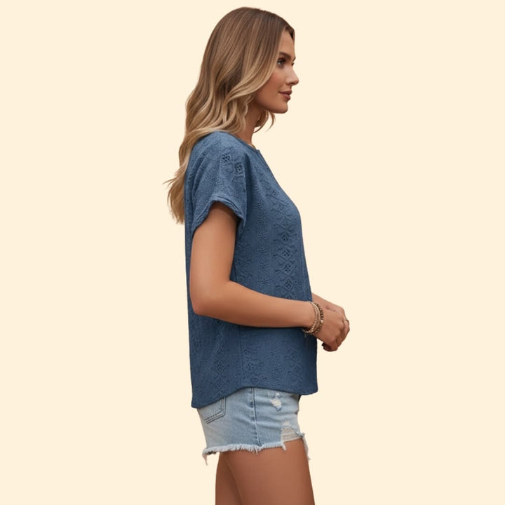 Women’s V-neck T-shirt with Floral Eyelet Detail