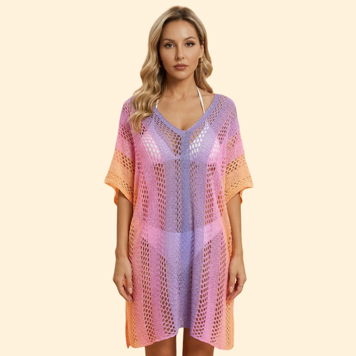 Women’s V Neck Cover Up Dress with Striped Pattern