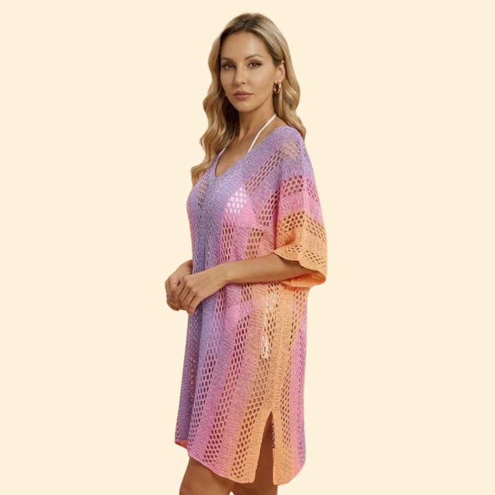 Women’s V Neck Cover Up Dress with Striped Pattern