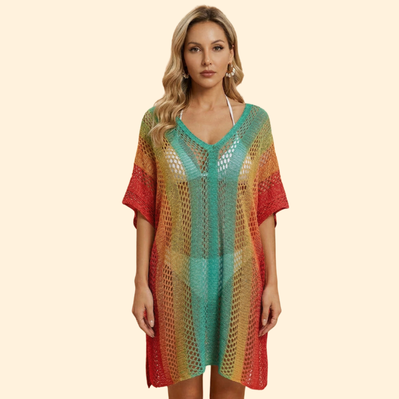Women’s V Neck Cover Up Dress with Striped Pattern