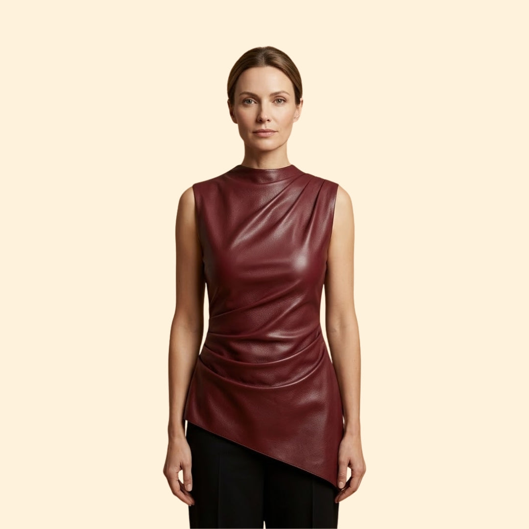 Women's Vegan Leather Top with Ruched Sides