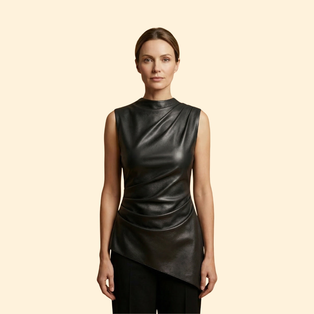 Women's Vegan Leather Top with Ruched Sides