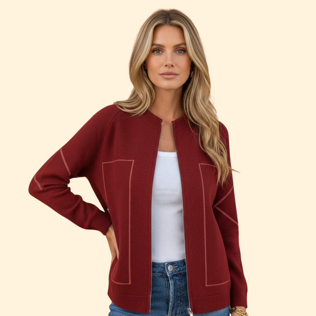 Women’s Zip-Up Bomber Jacket with Contrast Stitching