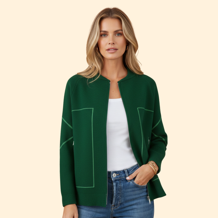 Women’s Zip-Up Bomber Jacket with Contrast Stitching