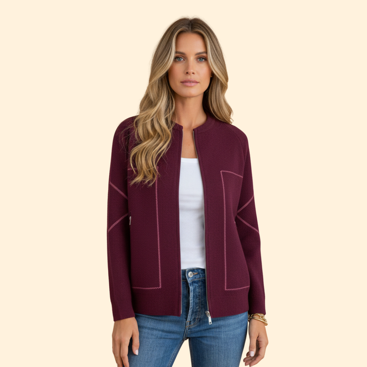 Women’s Zip-Up Bomber Jacket with Contrast Stitching