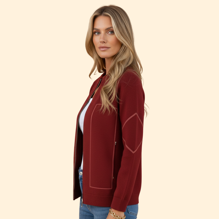 Women’s Zip-Up Bomber Jacket with Contrast Stitching