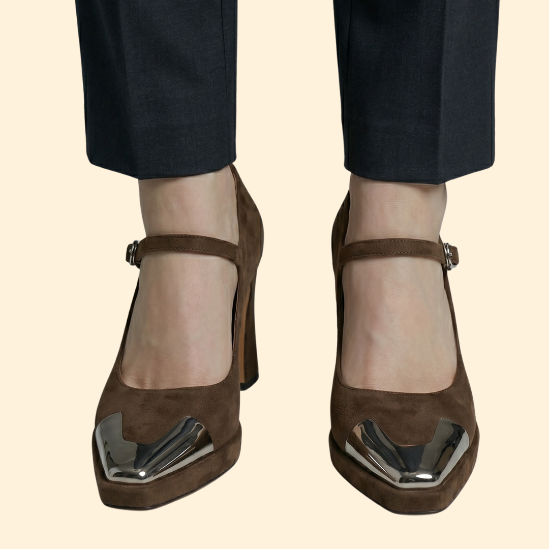 Women's High Heel Pumps with Metallic Cap Toe