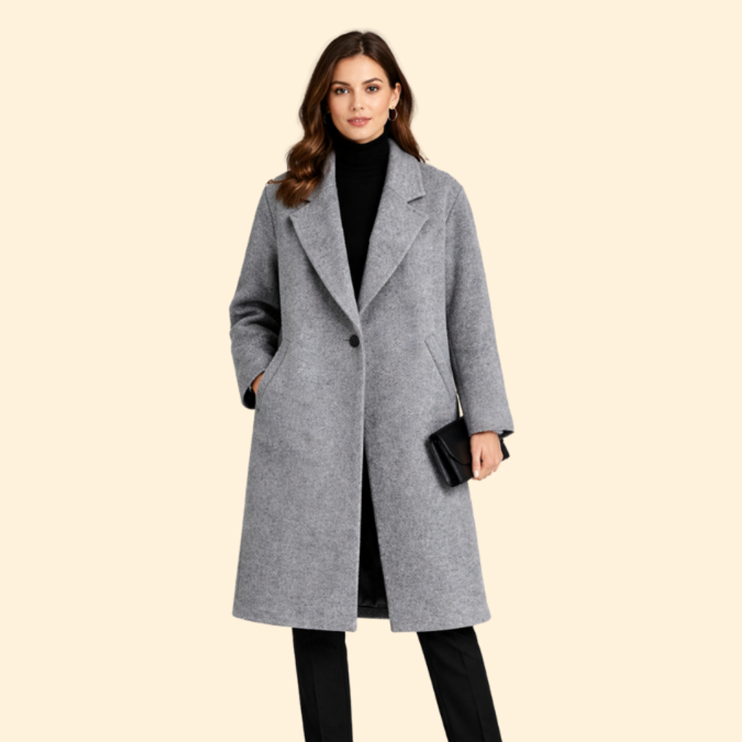 Women’s Long Coat with Notched Collar Design