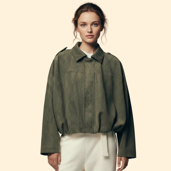 Women’s Suede Bomber Jacket with Long Sleeves