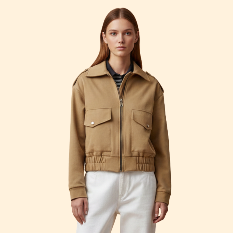 Women's Suede Bomber Jacket with Zipper Pockets
