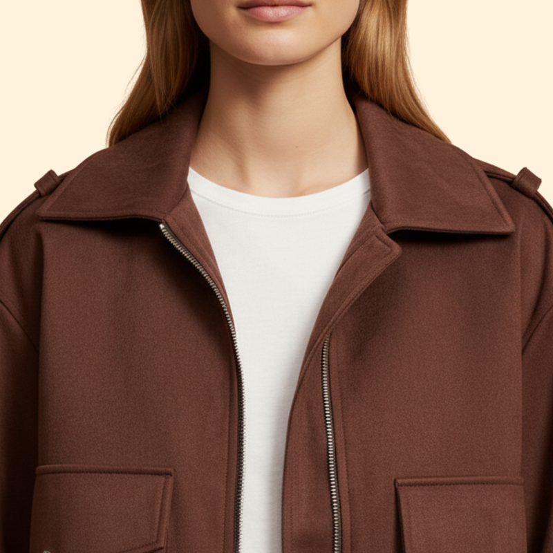 Women's Suede Bomber Jacket with Zipper Pockets