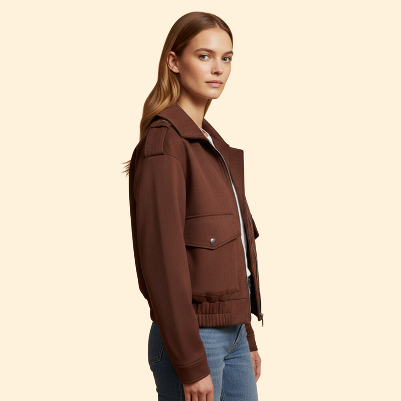 Women's Suede Bomber Jacket with Zipper Pockets