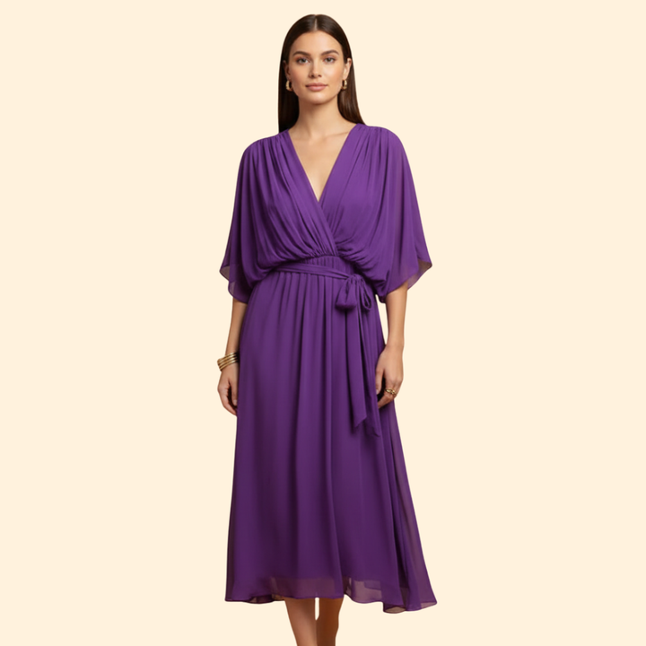 Women's Chiffon Midi Dress with V-Neck