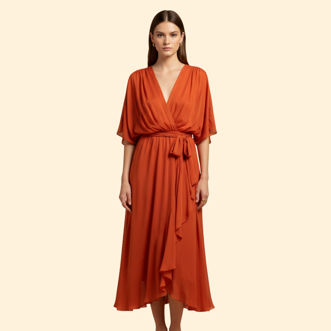 Women's Chiffon Midi Dress with V-Neck