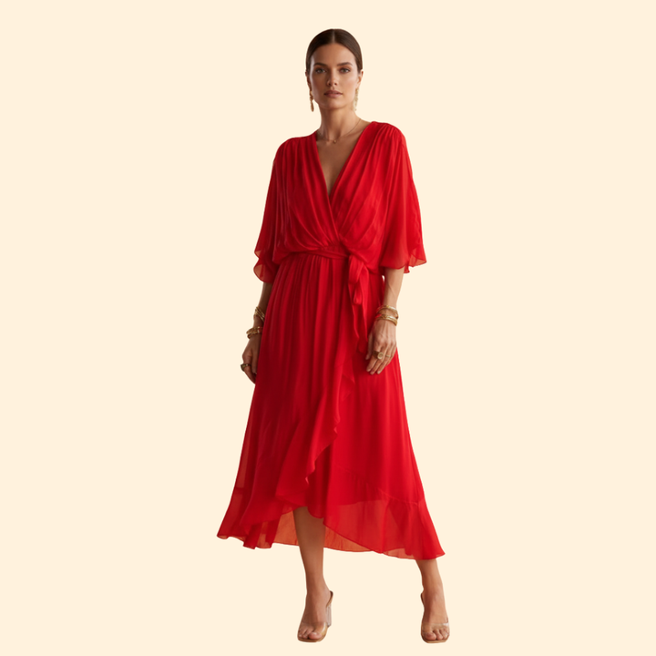 Women's Chiffon Midi Dress with V-Neck