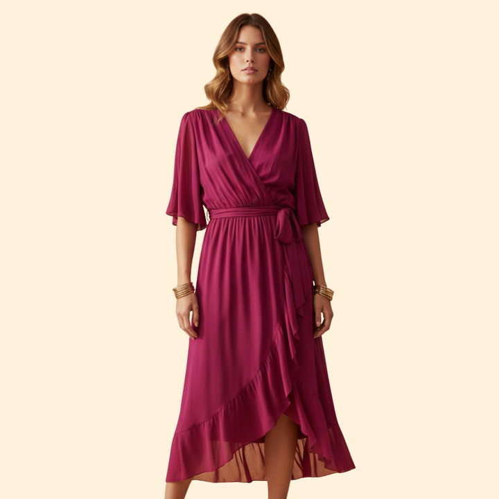 Women's Chiffon Midi Dress with V-Neck