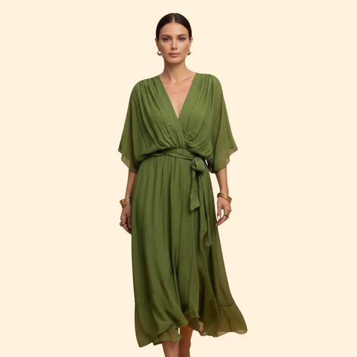 Women's Chiffon Midi Dress with V-Neck