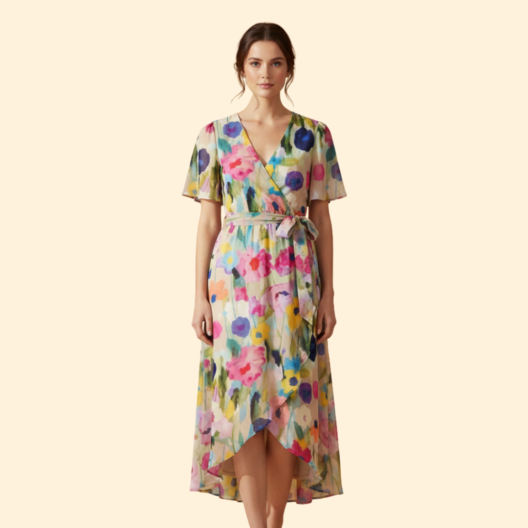 Women's  Floral Midi Dress with Tie Waist