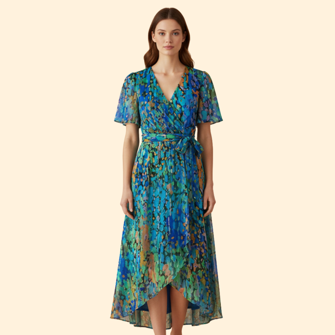 Women's  Floral Midi Dress with Tie Waist