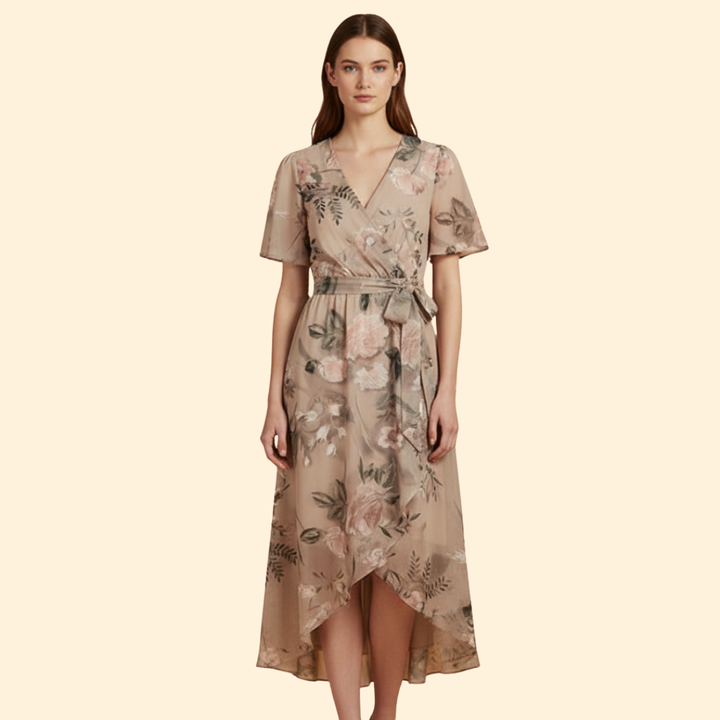 Women's  Floral Midi Dress with Tie Waist