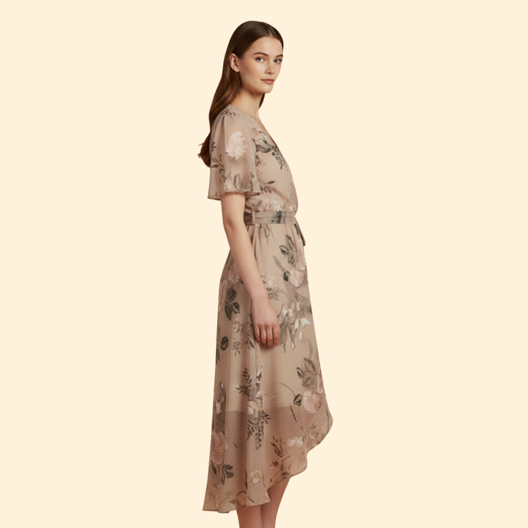 Women's  Floral Midi Dress with Tie Waist