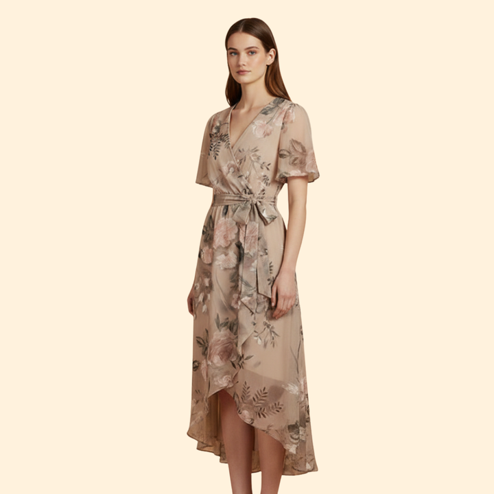 Women's  Floral Midi Dress with Tie Waist