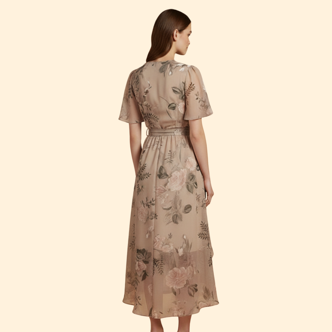 Women's  Floral Midi Dress with Tie Waist