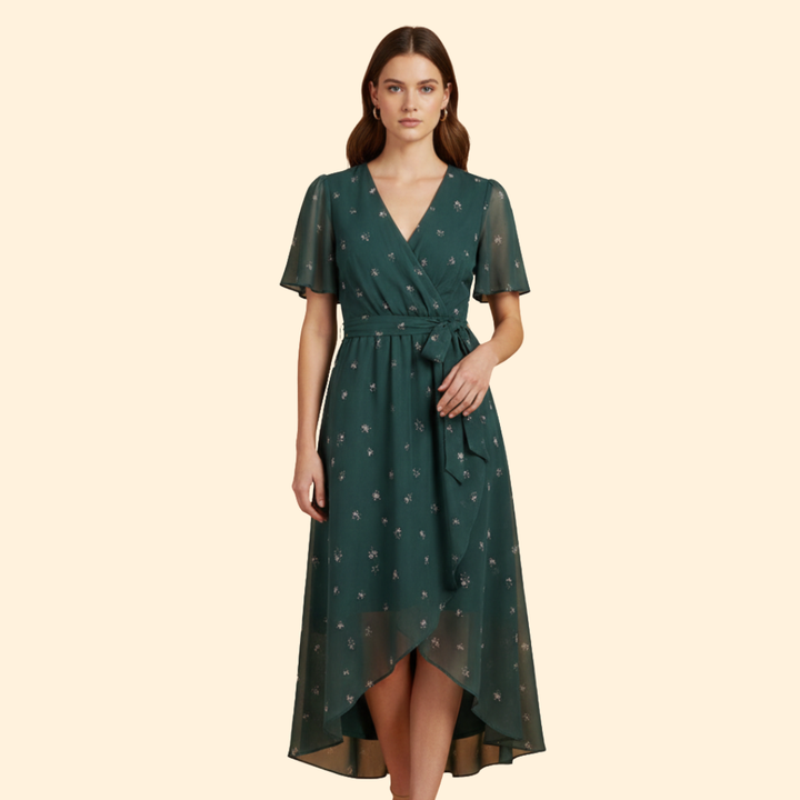 Women's  Floral Midi Dress with Tie Waist