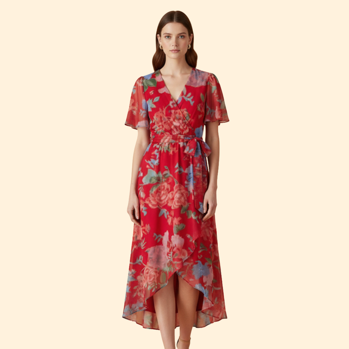 Women's  Floral Midi Dress with Tie Waist