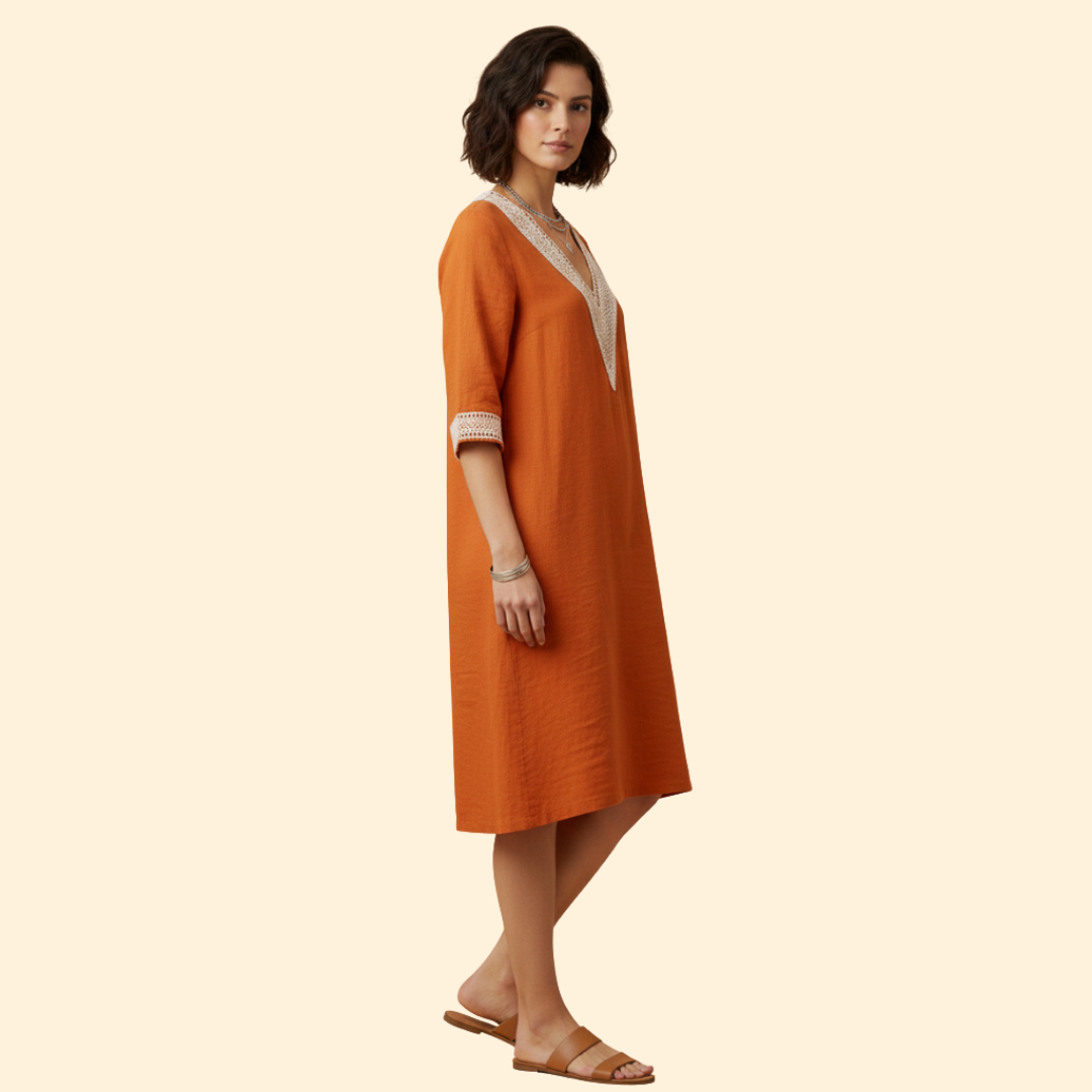 Women's Dress with V-Neck and Crochet Trim