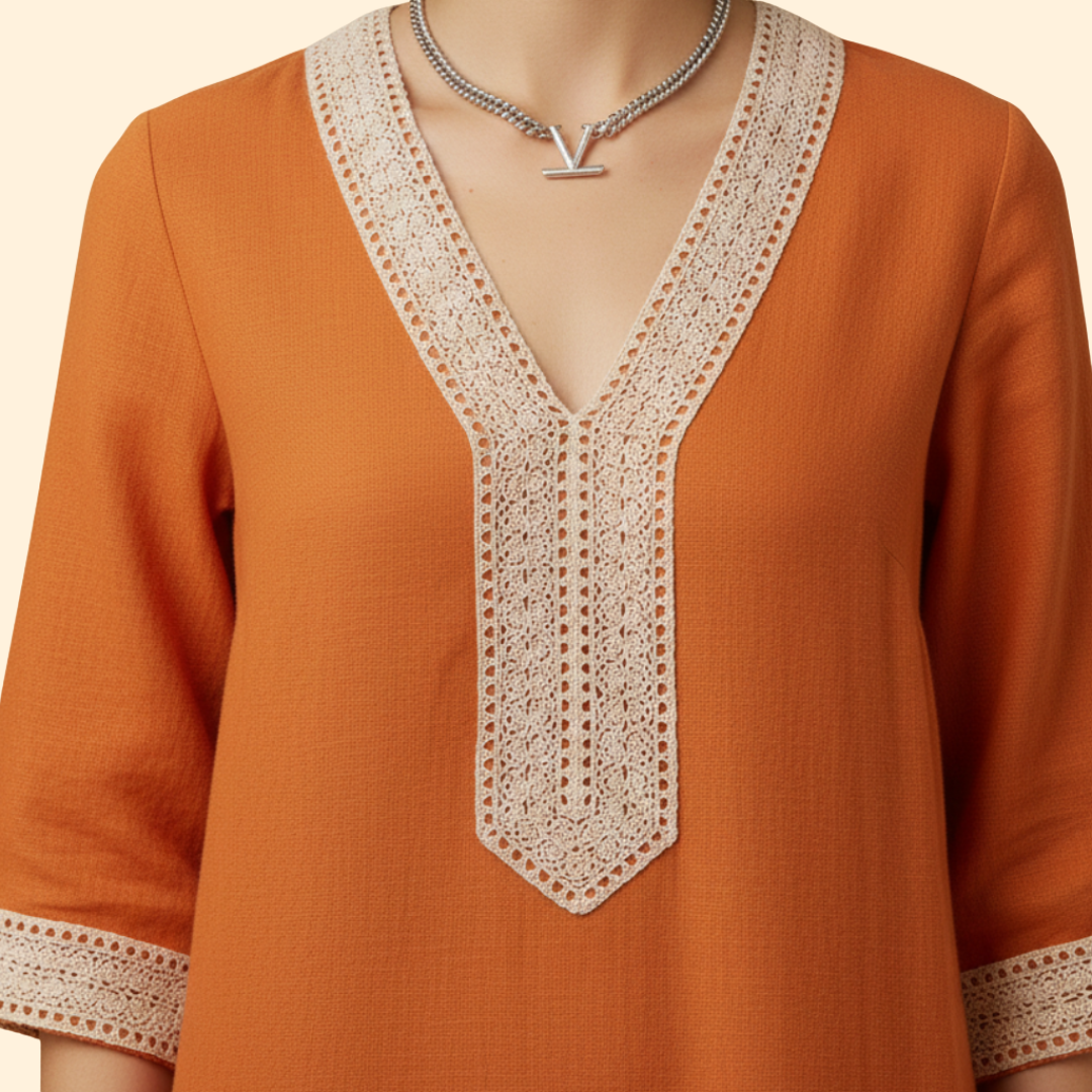 Women's Dress with V-Neck and Crochet Trim