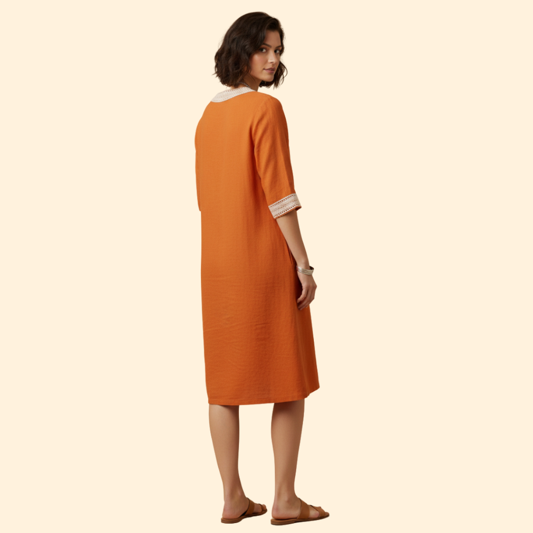 Women's Dress with V-Neck and Crochet Trim