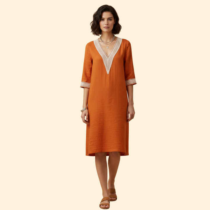 Women's Dress with V-Neck and Crochet Trim