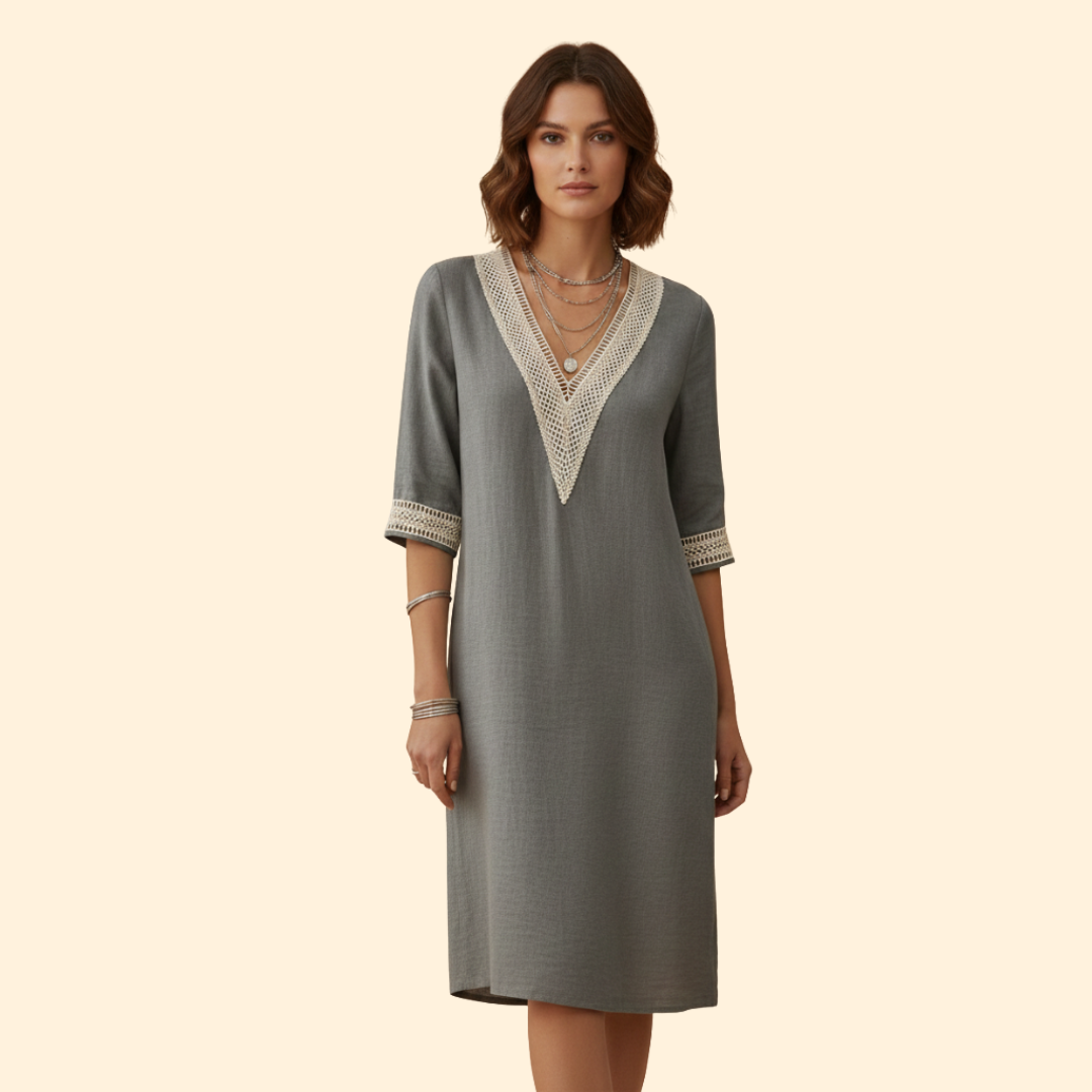 Women's Dress with V-Neck and Crochet Trim