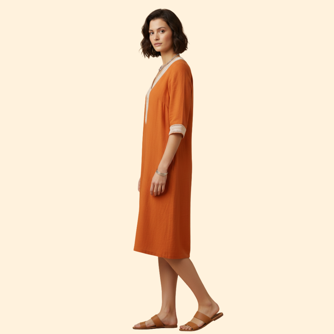 Women's Dress with V-Neck and Crochet Trim