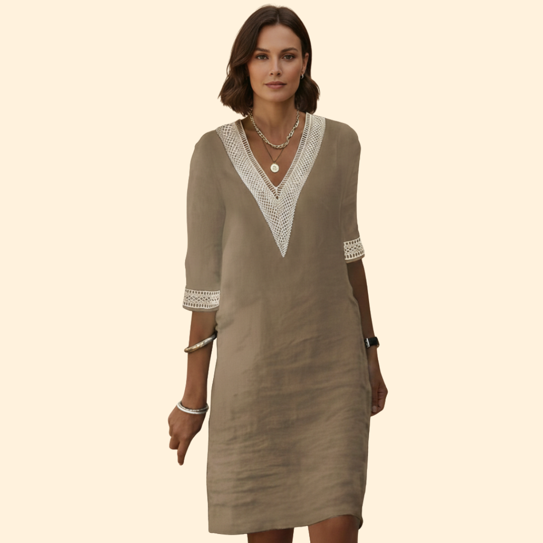 Women's Dress with V-Neck and Crochet Trim