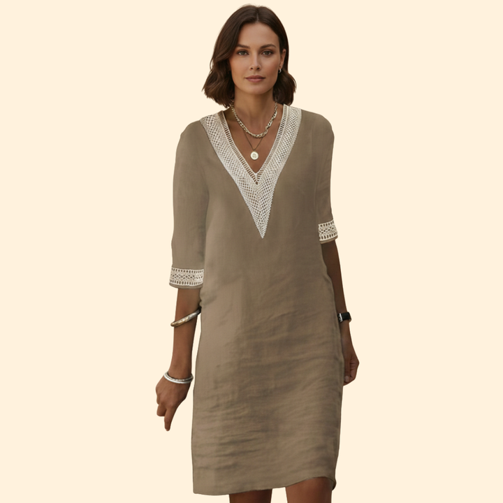 Women's Dress with V-Neck and Crochet Trim