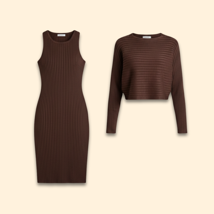 Women's Ribbed Sleeveless Dress with Matching Sweater Set