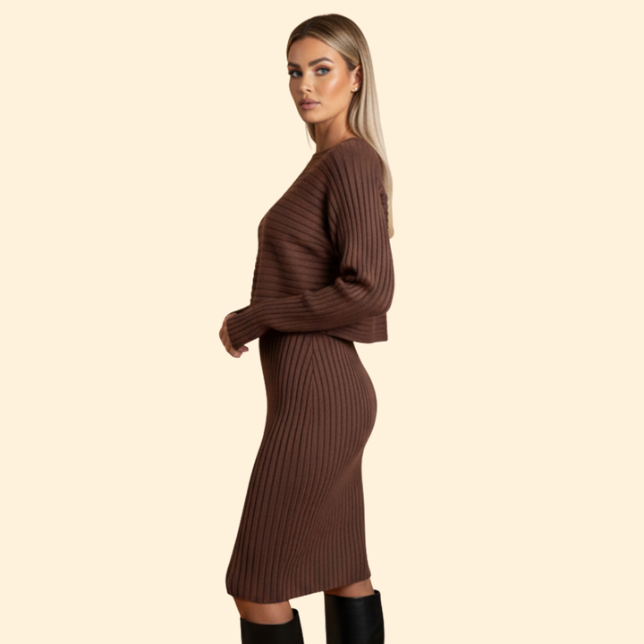 Women's Ribbed Sleeveless Dress with Matching Sweater Set