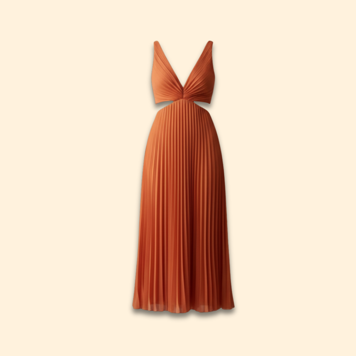 Women's Satin Pleated Dress with V-Neckline