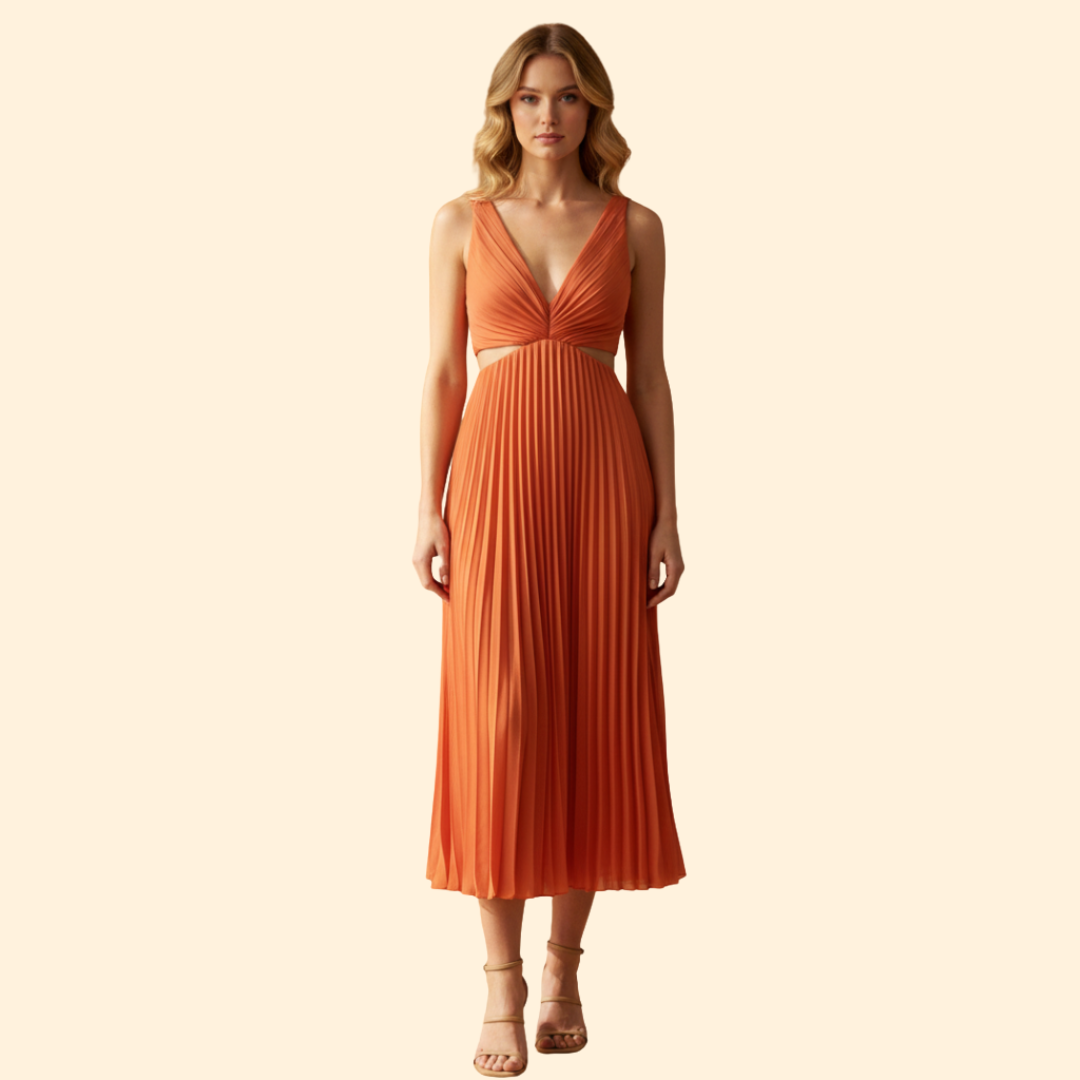 Women's Satin Pleated Dress with V-Neckline