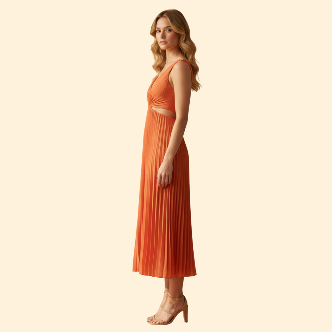 Women's Satin Pleated Dress with V-Neckline