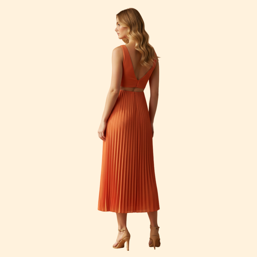 Women's Satin Pleated Dress with V-Neckline