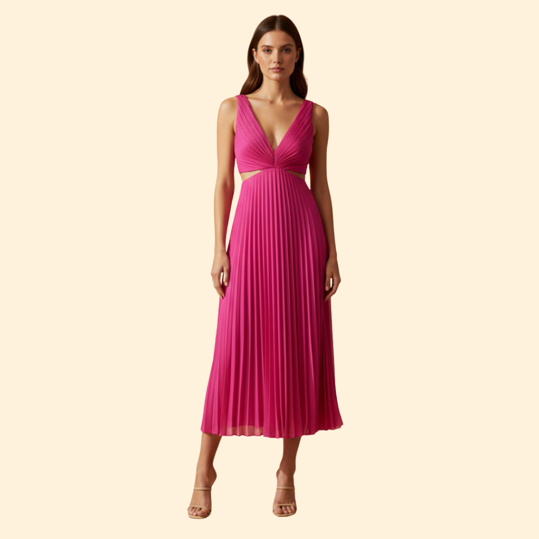 Women's Satin Pleated Dress with V-Neckline