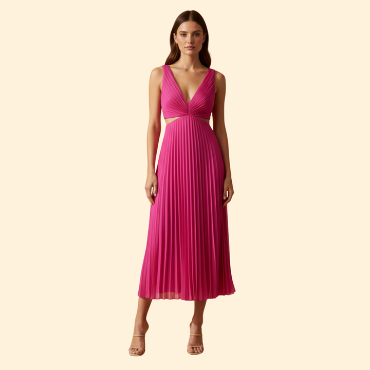 Women's Satin Pleated Dress with V-Neckline